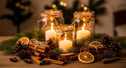 cozy christmas decoration : lit candles in jars with cinnamon sticks, pine cones, and dried orange slices