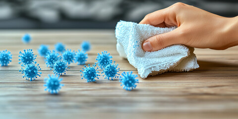 Cleaning wooden surface with cloth to remove dust and germs Generative AI