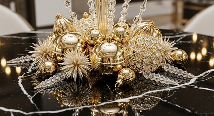 close-up of luxury gold christmas ornaments centerpiece on black marble table