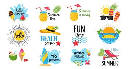 A vibrant collection of summer vacation icons and labels, featuring tropical beach elements, holiday badges, and fun typography designs