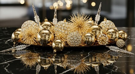 luxurious gold christmas ornaments centerpiece on black marble