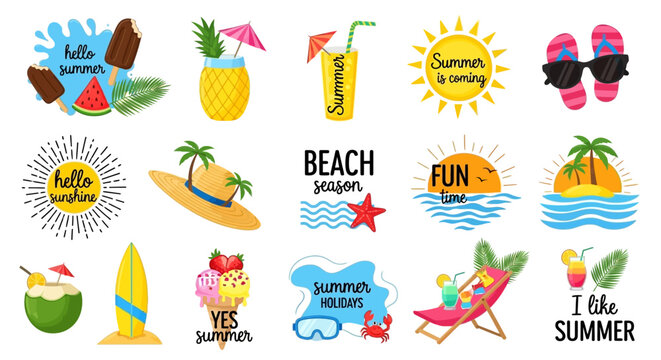 Colorful collection of summer themed design elements. Vector icon set for vacation, beach, and holiday graphics