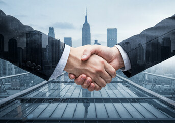 Businessmen making handshake with buildings in the city as background, business etiquette, congratulation, merger and acquisition, business meeting and partnership concepts
