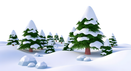 Cartoonstyle winter landscape with snowcovered pine trees and rocks