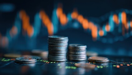 Stacks of metal coins resting on a dark digital financial chart.