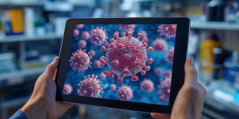 Person holds tablet showing virus model in laboratory setting Generative AI
