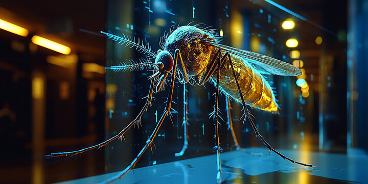 Holographic mosquito displayed in a modern setting Generative AI