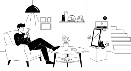 Young man relaxing in a modern living room, controlling a connected smart home with his smartphone for an automated lifestyle