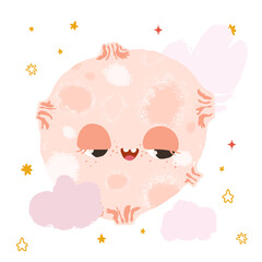 Cute pink moon with a smile on its face surrounded by stars and clouds, vector illustration