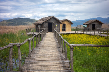 Dispilio, Europe's oldest Neolithic lake settlement (mid-6th millennium BC). Reconstruction of pile...