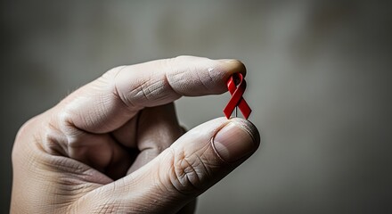 Hand holding a red ribbon, symbol of the fight against aids and hiv virus