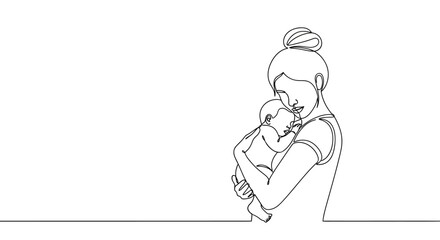 A tender moment between a mother and her newborn baby captured in a continuous one-line drawing. Minimalist vector illustration of motherhood