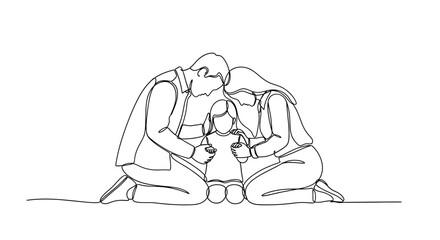 A family united in prayer, a single continuous line drawing illustrating faith, love, and togetherness