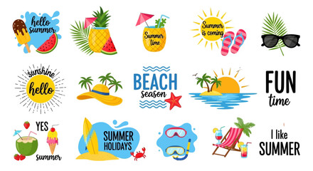 A vibrant collection of summer-themed graphic icons, including tropical beach scenes, vacation essentials, and cheerful holiday typography