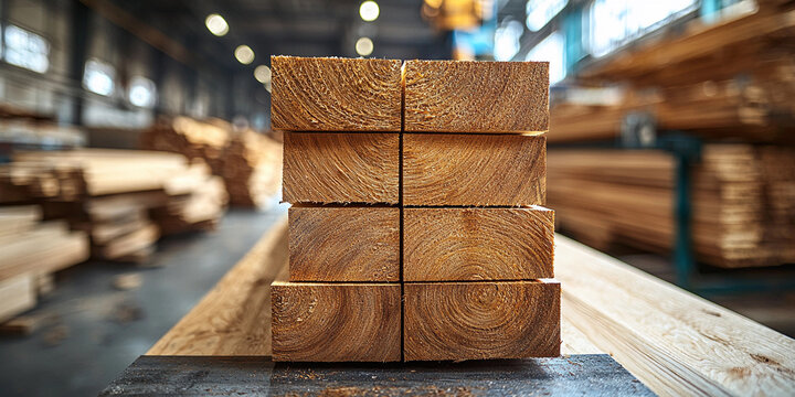 Stack of freshly milled timber planks in a wood shop Generative AI