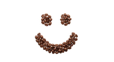 Smiley face, roasted coffee beans on a emoticon happiness, isolated on white or transparent background, AI