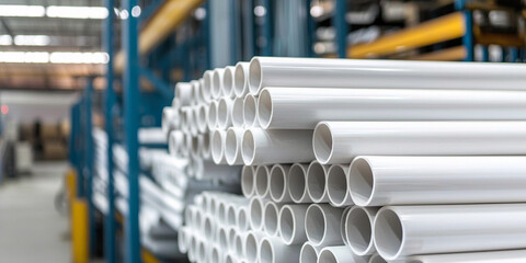 Neatly arranged white PVC pipes stacked in warehouse space Generative AI