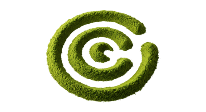 Green matcha powder, a spiral logo on black green tea powder, isolated on white or transparent background, AI