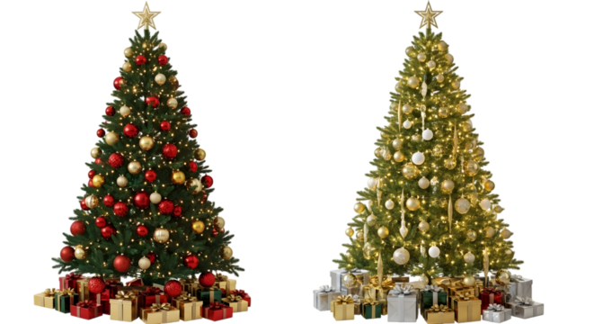 Two decorated christmas trees with presents underneath