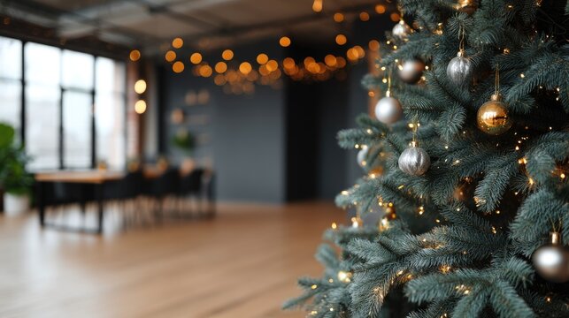 A beautifully adorned Christmas tree stands in a stylish indoor space, surrounded by warm lights and a comfortable workspace