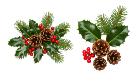 Christmas holly branches with pine cones and red berries