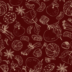 Hand-drawn line art seamless pattern with Christmas sweets, tangerines, cinnamon and spices on a red. This festive graphic design for holiday gift wrap, seasonal branding and confectionery packaging.