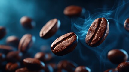 Fototapeta premium Floating coffee beans and aromatic steam with dramatic lighting, conveying a rich sensory coffee experience. Ideal for branding and advertising in coffee industries.