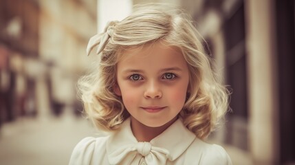retro vintage portrait of young Caucasian girl with blond hair smile at camera at city street 