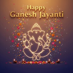 Golden Ganesh Jayanti greeting with glowing outline deity and falling flowers festival