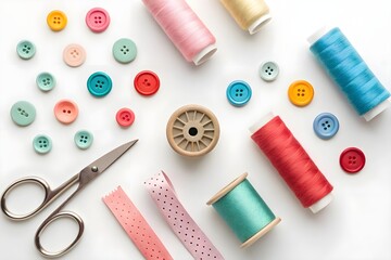 Flat lay of colorful sewing supplies including threads, buttons, ribbons, and scissors on white background for textile and DIY craft inspiration