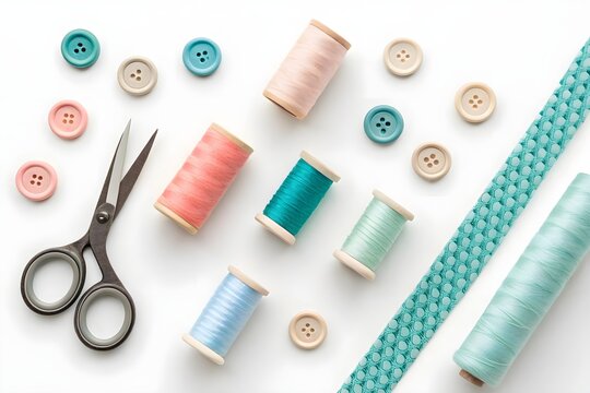 Flat lay of colorful sewing supplies including pastel threads, buttons, scissors, and patterned fabric on white background for creative projects