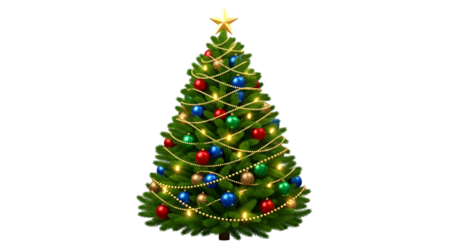 A beautifully decorated christmas tree with colorful ornaments, lights, and a star on top, isolated on a transparent background