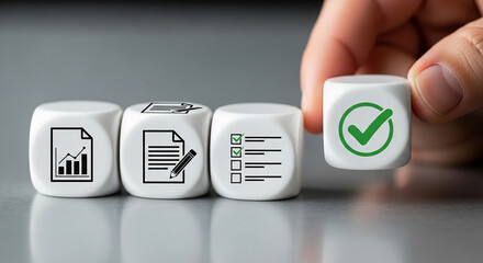 A hand placing a cube with a green checkmark, symbolizing task completion or approval, alongside cubes representing data, documents, and checklists.