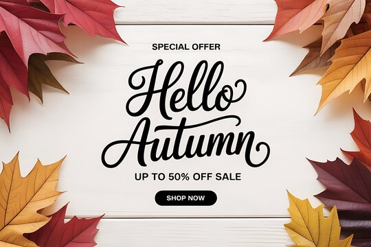 Special offer hello autumn up to 50% off sale with colorful leaves frame