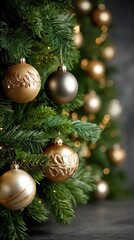 Fototapeta premium Bright golden ornaments and twinkling lights adorn a lush evergreen tree, creating a warm holiday atmosphere filled with cheer