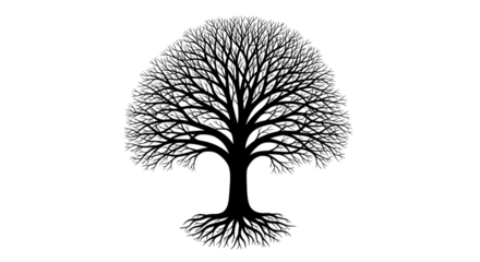 Intricate dark silhouette of a bare tree, exposed roots branches, isolated on white or transparent background, AI