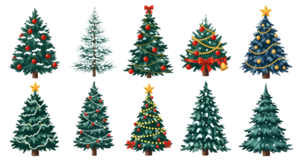 A collection of ten different decorated christmas trees, some with snow and ornaments