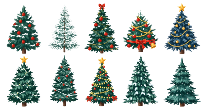 A collection of ten different decorated christmas trees, some with snow and ornaments