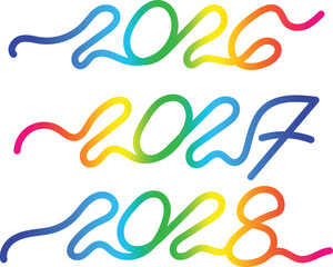 2026, 2027, 2028 New Year Continuous One Line Art Drawing. Gradient Outline Drawing Text Effect Numerical Design. Single Isolated Linear Color Art.