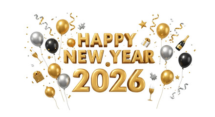 Golden happy new year 2026 text with balloons and confetti isolated on transparent background