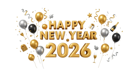 Golden happy new year 2026 text with balloons and confetti isolated on transparent background