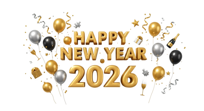 Golden happy new year 2026 text with balloons and confetti isolated on transparent background
