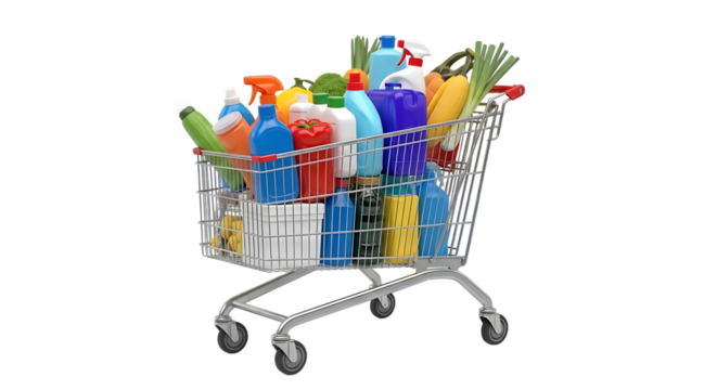 Full Shopping Cart Overflowing, Cleaning Supplies and Produce, isolated on white or transparent background, AI