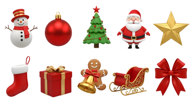 Collection of christmas elements including santa, snowman, tree, gift, and sleigh - Powered by Adobe