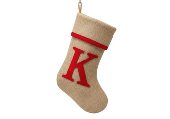 A burlap christmas stocking with a red letter k, a personalized touch for holiday decorations and giftgiving traditions isolated on transparent background