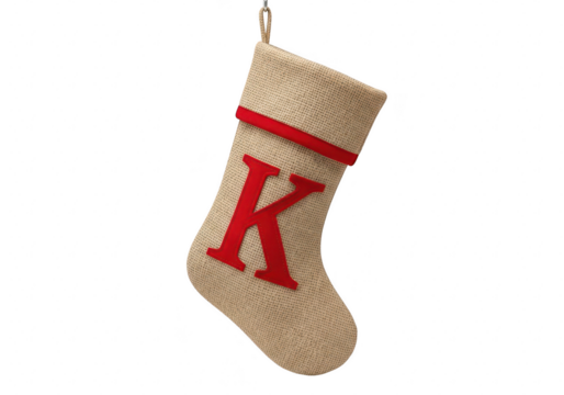 A burlap christmas stocking with a red letter k, a personalized touch for holiday decorations and giftgiving traditions isolated on transparent background