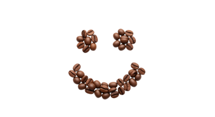 Coffee beans arranged, a smiley face with two eyes and a curved mouth, isolated on white or transparent background, AI