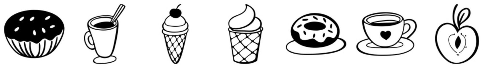 Hand Drawn Food Doodle Set with Coffee Cup, Donut, Ice Cream, Muffin, Fruit, and Tea Cup | Cute Cafe and Dessert Line Art | Minimal Black and White Bakery Vector Elements for Stickers and Menu Design