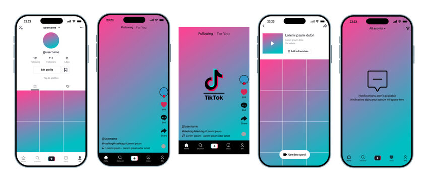 TikTok UI mockup showing for you feed, following tab, profile, video player, comments, likes, shares, sounds, effects, messages, and creative short video layout vector illustration
