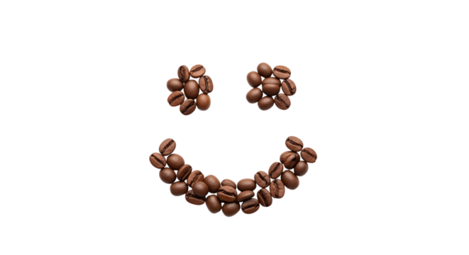 Coffee beans arranged, a smiley face with two eyes and a curved mouth, isolated on white or transparent background, AI